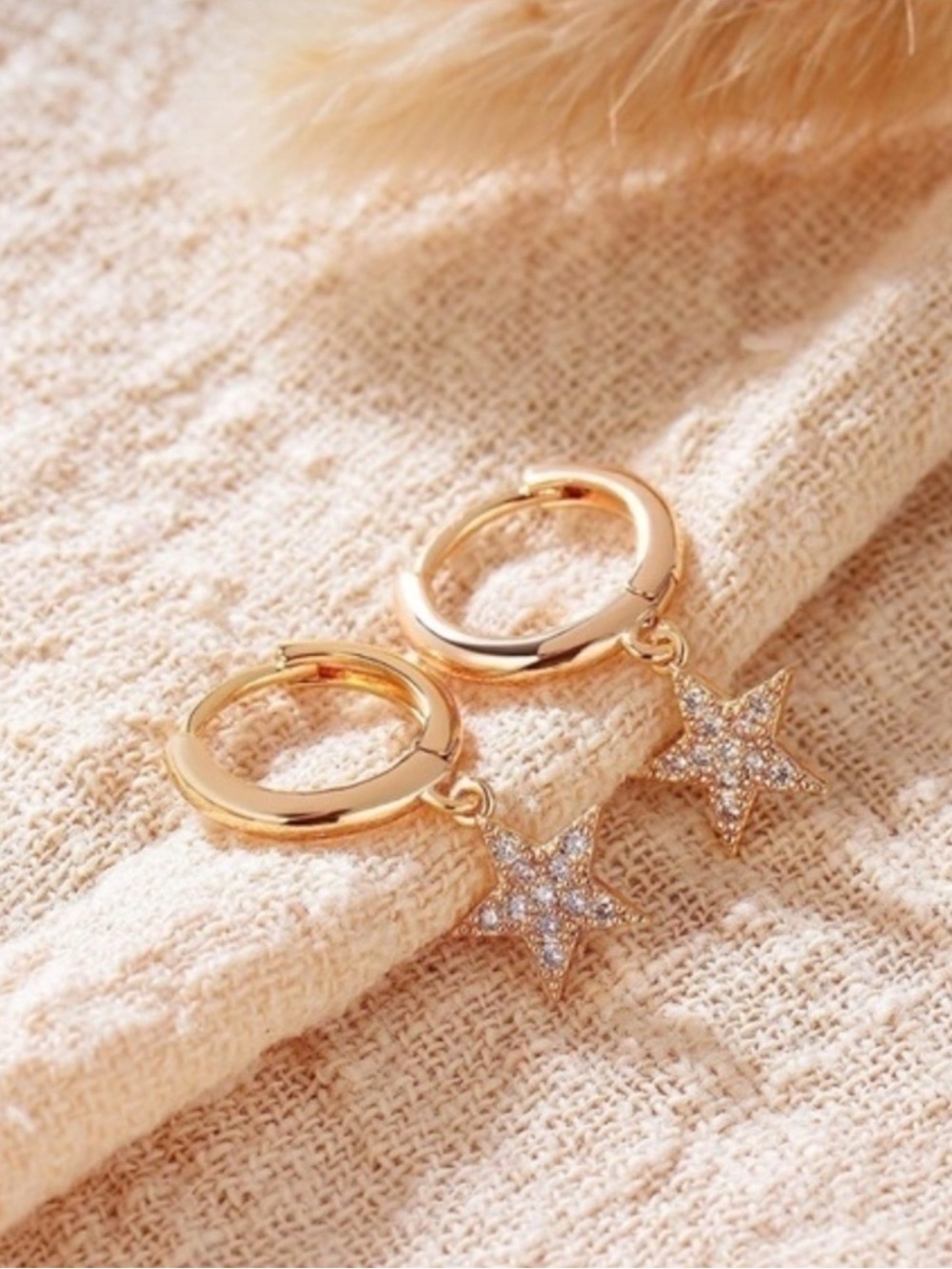 14k Gold Plated Cubic Zirconia Star Hoop Earrings